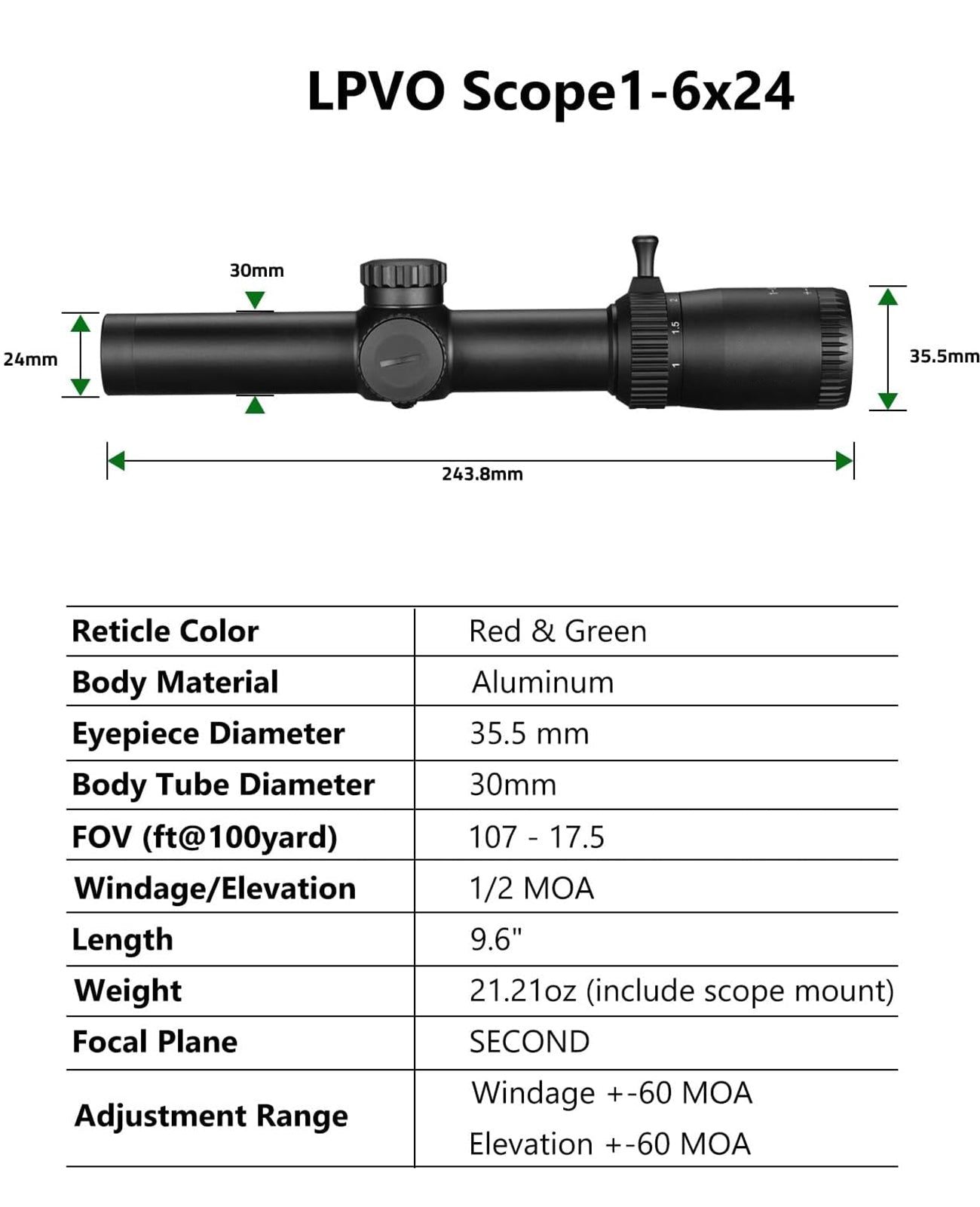 1-6x24 LPVO Rifle Scope with BDC and Circle Dot Reticle, High Definition Optical System, Waterproof, 5-Level Illumination 5