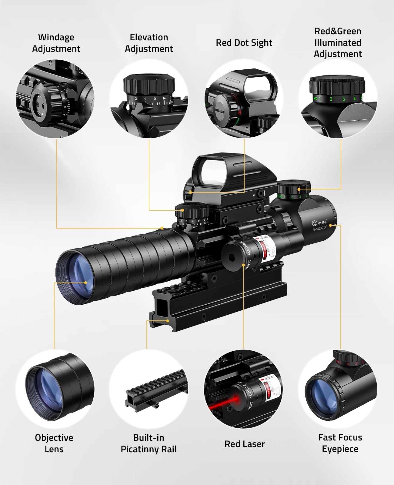 EagleFeather 3-9x32 Tactical Rifle Scope 3-in-1 Combination Kit