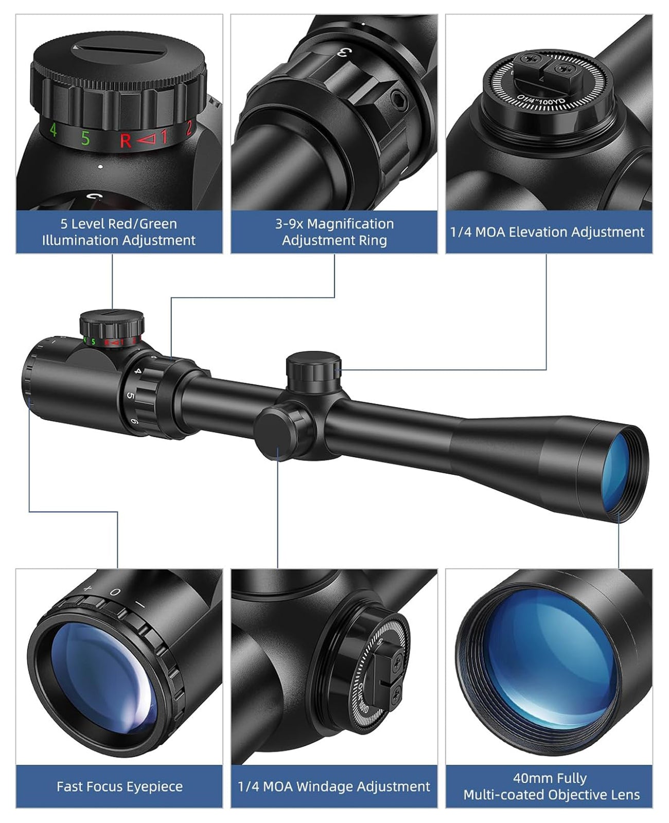 3-9x40 Illuminated Rifle Scope with Rangefinder Reticle and Multi-Coated Lens – Adjustable Brightness for Enhanced Target Acquisition 1