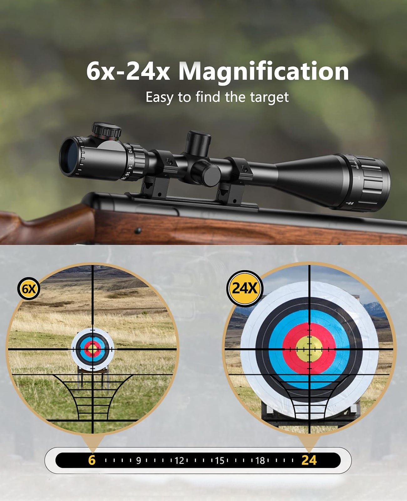 6-24x50 AO Rifle Scope with Parallax Adjustment and Dual Illuminated Reticle for Precision Hunting 3