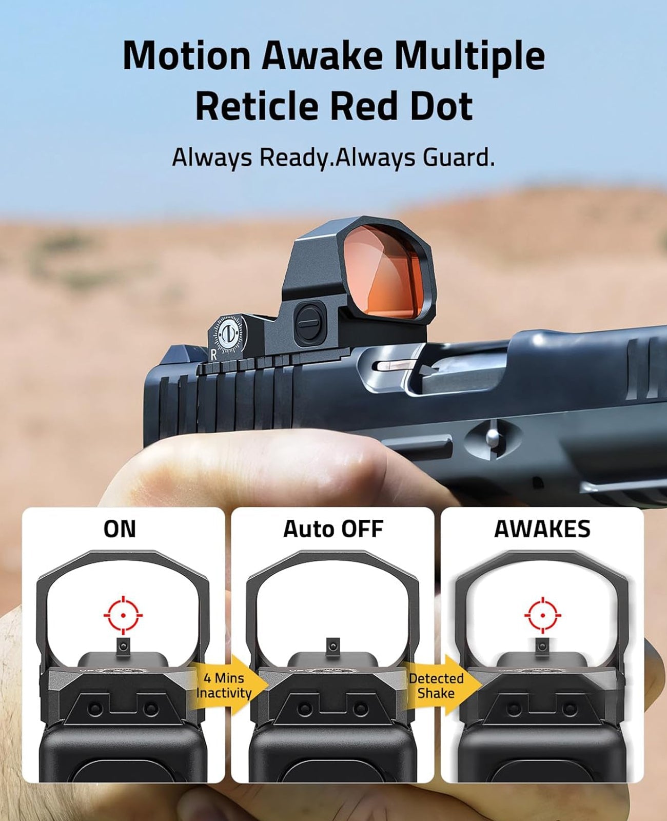 Multiple Reticle Red Dot Sight with Motion Awake Technology – Waterproof and Shockproof, 1x Magnification, 10 Brightness Settings 3