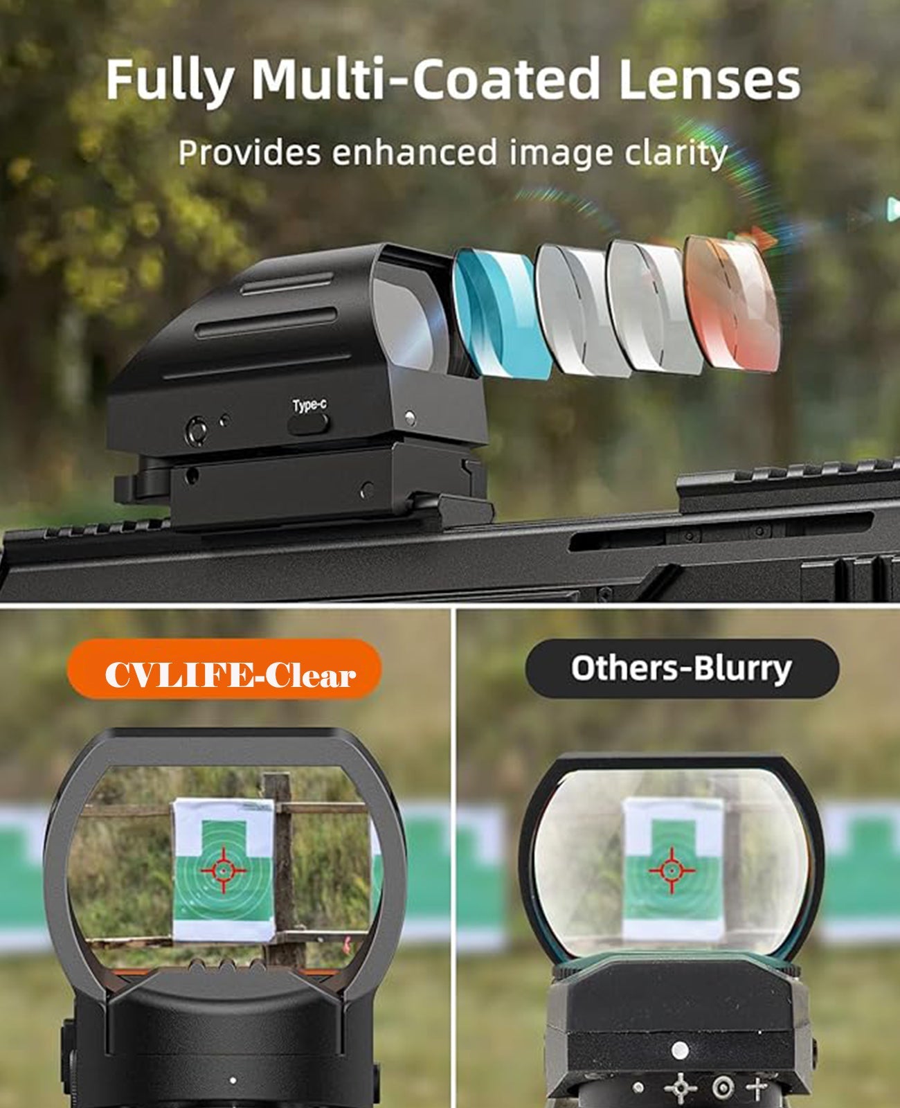 Rechargeable Red Dot Sight with Type-C Charging, 28x40 mm Lens, 4 Reticle Options, Picatinny Mount, Anti-Glare Coating 1