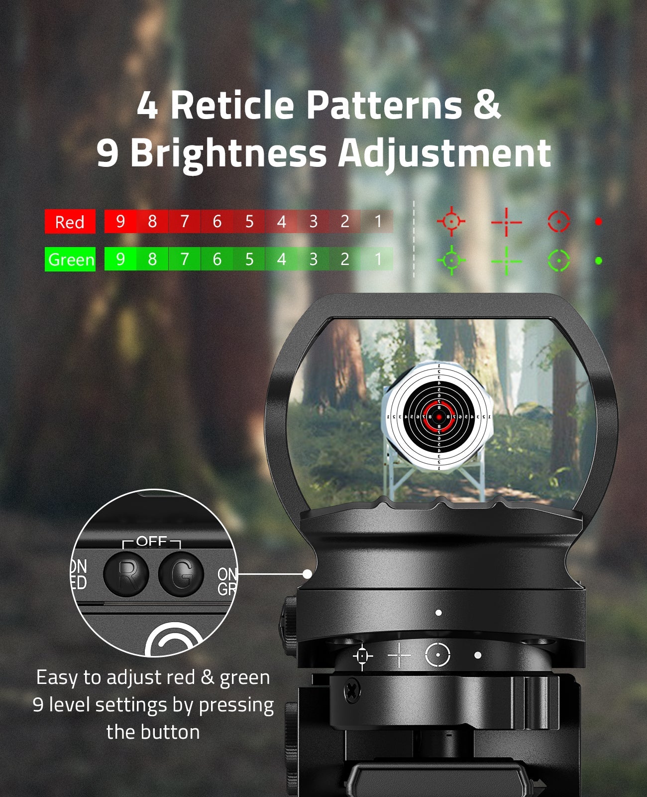 Red and Green Dot Sight with 4 Reticles for 20mm Rail – Tubeless Design 3