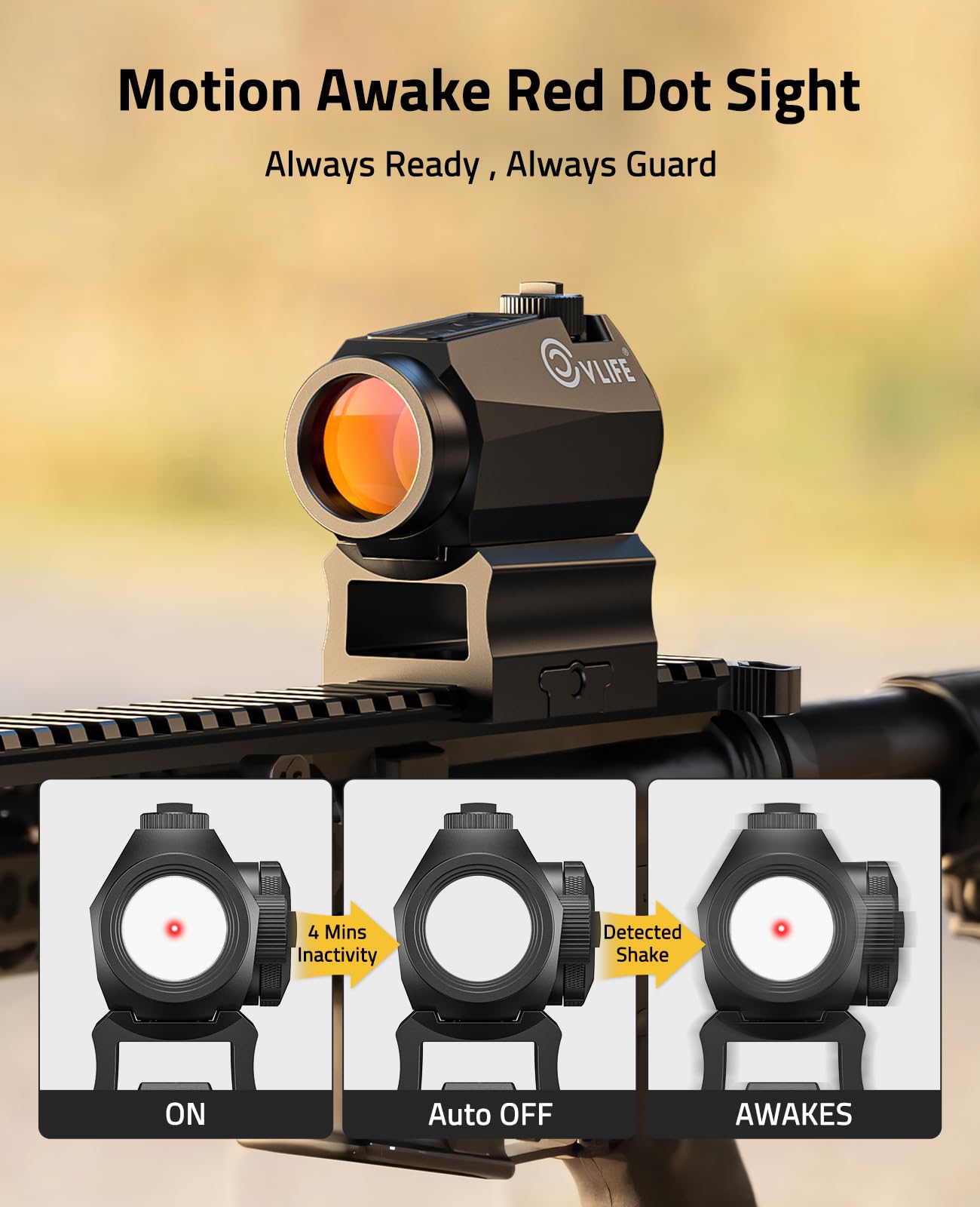 2 MOA Red Dot Sight with Shake Awake Technology, Waterproof Design for Picatinny Rail, Tool-Free Adjustments, High Accuracy 1