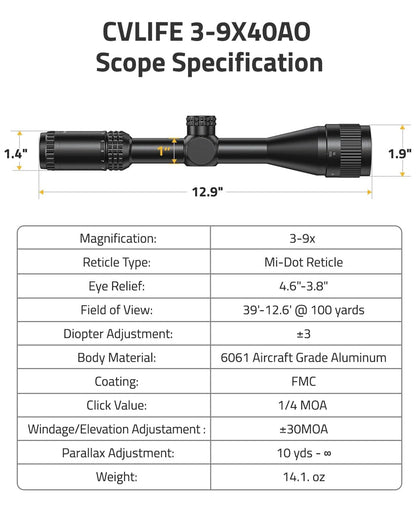 3-9x40 AO Scope with Fully Multicoated Lens, Adjustable Parallax, Shockproof and Waterproof Design 1