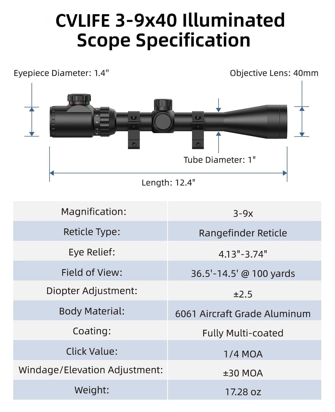 3-9x40 Illuminated Rifle Scope with Rangefinder Reticle and Multi-Coated Lens – Adjustable Brightness for Enhanced Target Acquisition 5