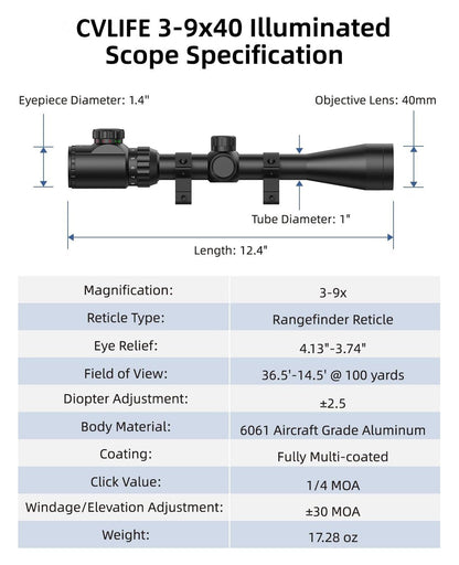 3-9x40 Illuminated Rifle Scope with Rangefinder Reticle and Multi-Coated Lens – Adjustable Brightness for Enhanced Target Acquisition 5