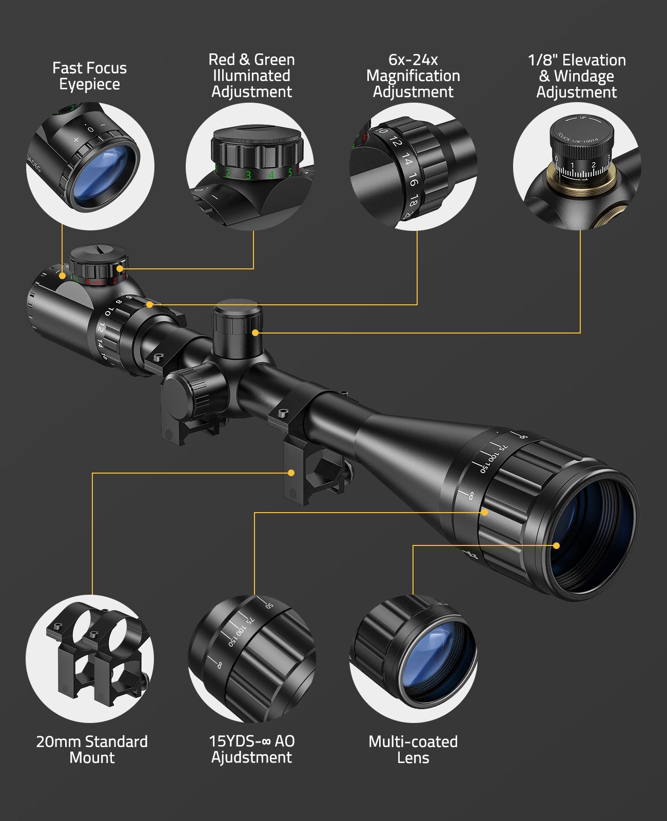 6-24x50 AOE Hunting Rifle Scope with Red and Green Illumination – High Magnification Optics for Low-Light Conditions 3