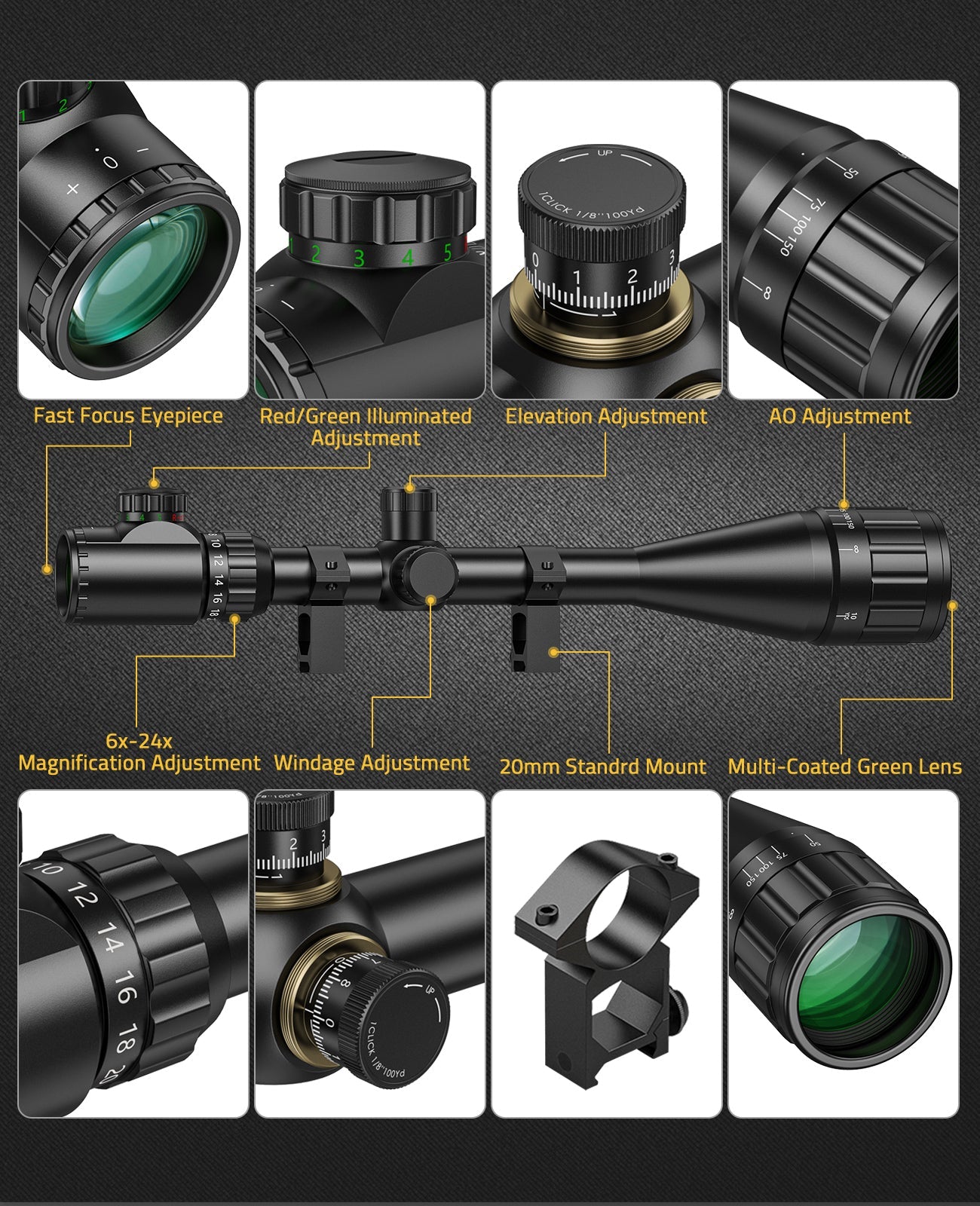 6-24x50 AOE Tactical Riflescope with Adjustable Objective and Dual Red/Green Illumination for Precision Shooting 2