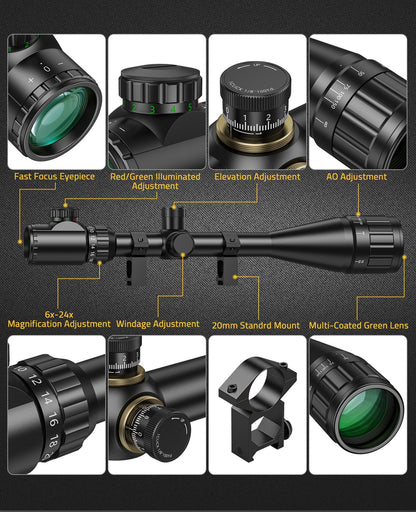 6-24x50 AOE Tactical Riflescope with Adjustable Objective and Dual Red/Green Illumination for Precision Shooting 2