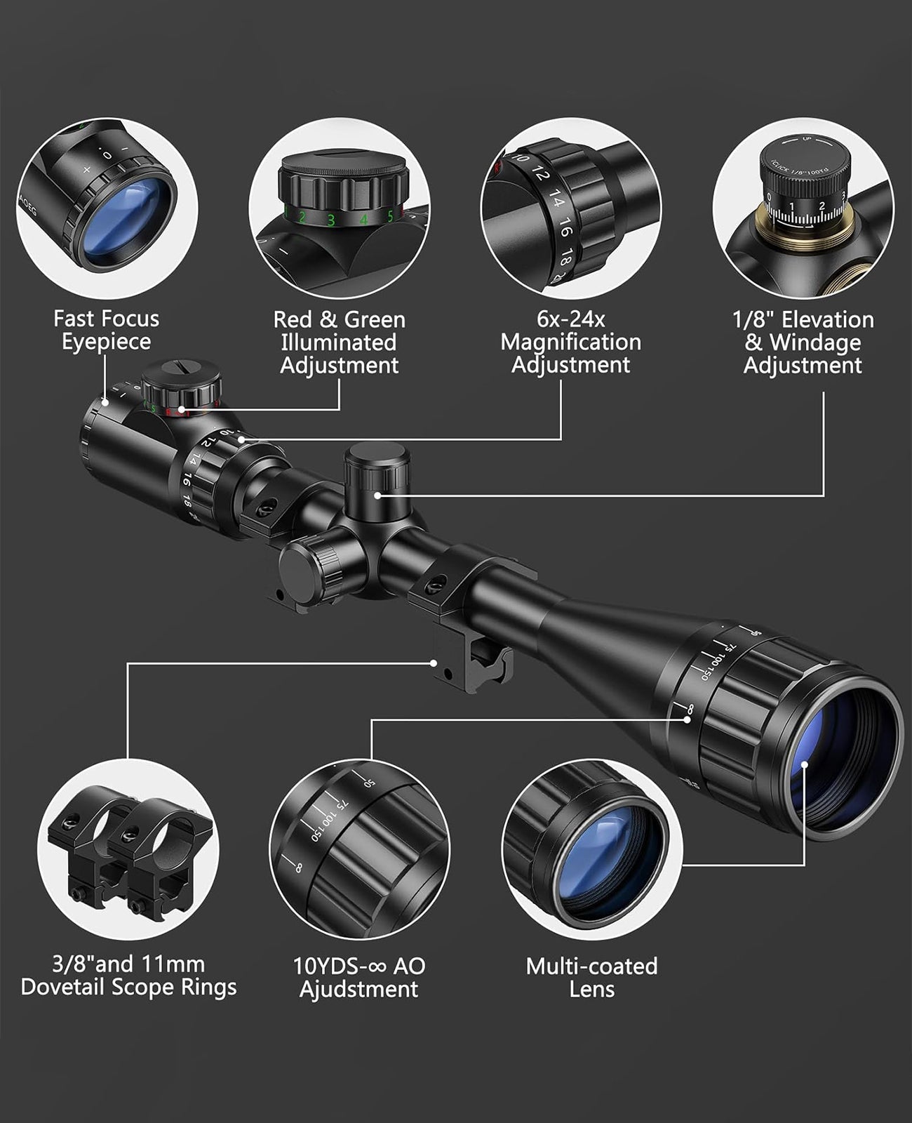 6-24x50 AO Rifle Scope with Parallax Adjustment and Dual Illuminated Reticle for Precision Hunting 1