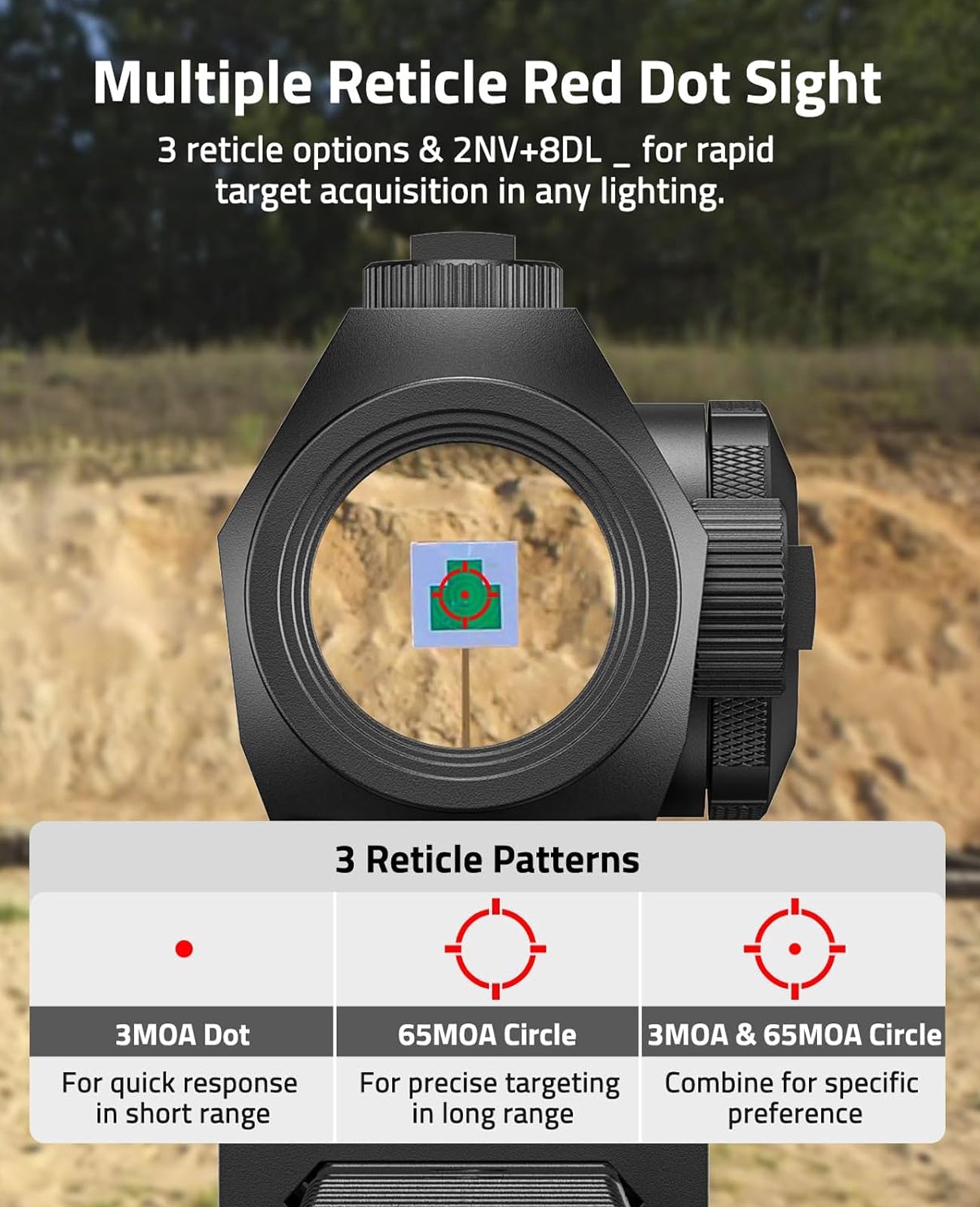 Motion Awake Multiple Reticle Red Dot Sight with 3 MOA Dot and 65 MOA Circle – Waterproof, Fogproof, Impact Resistant, 50,000 Hour Battery Life 1