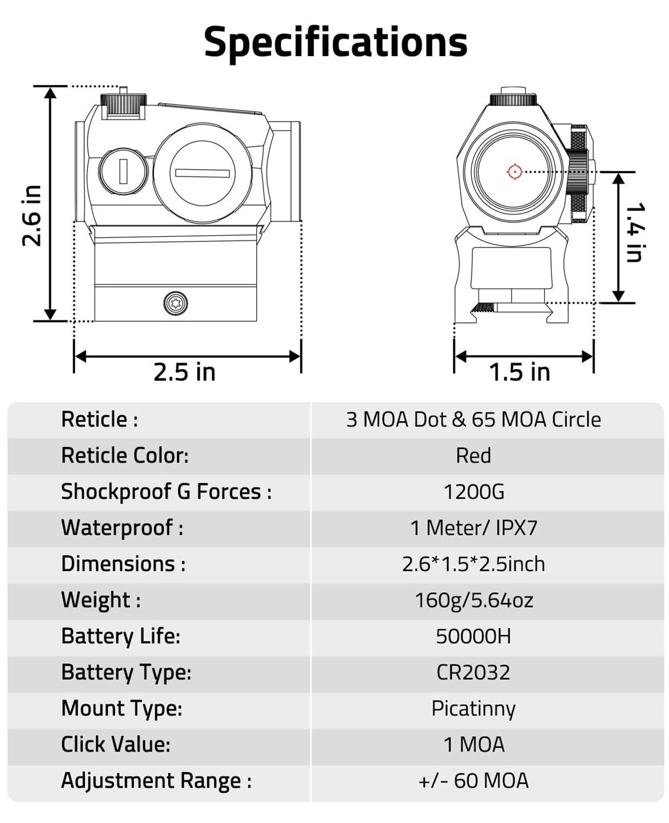 Motion Awake Multiple Reticle Red Dot Sight with 3 MOA Dot and 65 MOA Circle – Waterproof, Fogproof, Impact Resistant, 50,000 Hour Battery Life 6