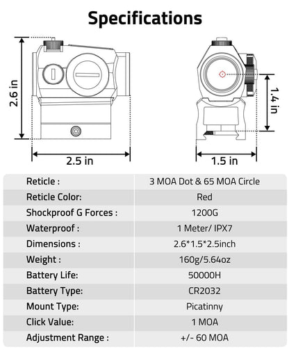 Motion Awake Multiple Reticle Red Dot Sight with 3 MOA Dot and 65 MOA Circle – Waterproof, Fogproof, Impact Resistant, 50,000 Hour Battery Life 6