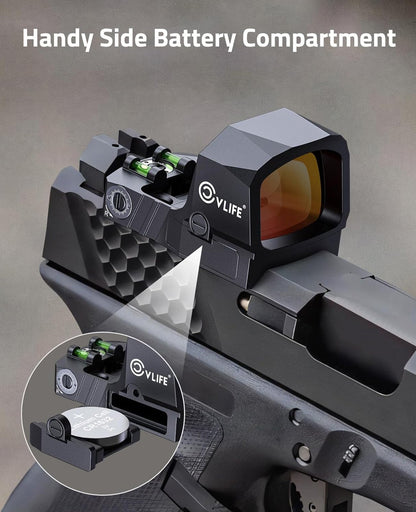 Multiple Reticle Red Dot Sight with Motion Awake Technology – Compact Handgun Sight with Side Battery Mount and Integrated Fiber Optic 7