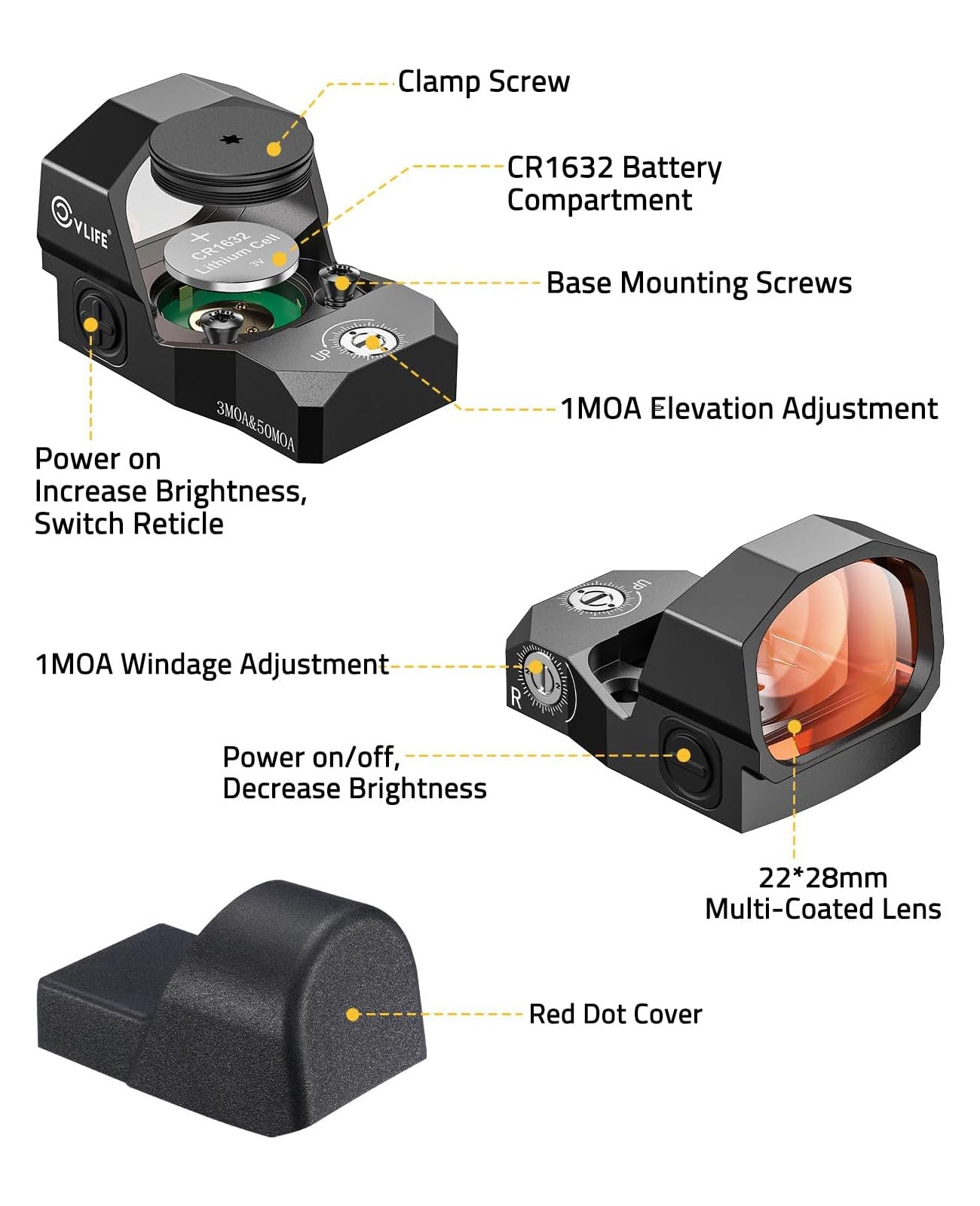 Multiple Reticle Red Dot Sight with Motion Awake Technology – Waterproof and Shockproof, 1x Magnification, 10 Brightness Settings 6