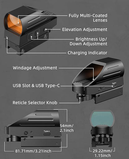 Rechargeable Red Dot Sight with Type-C Charging, 28x40 mm Lens, 4 Reticle Options, Picatinny Mount, Anti-Glare Coating 5